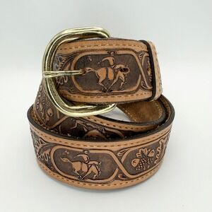 Vintage TexTan Mens Brown Tooled Leather Western Belt Bronco Acorn Size 40 1.5in